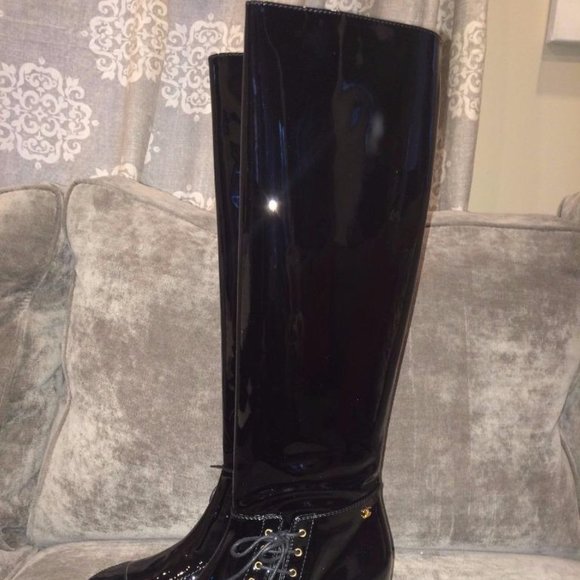 CHANEL 15A Patent Calf Leather Knee High Tall Lace Up Boots Shoes - Picture 5 of 16